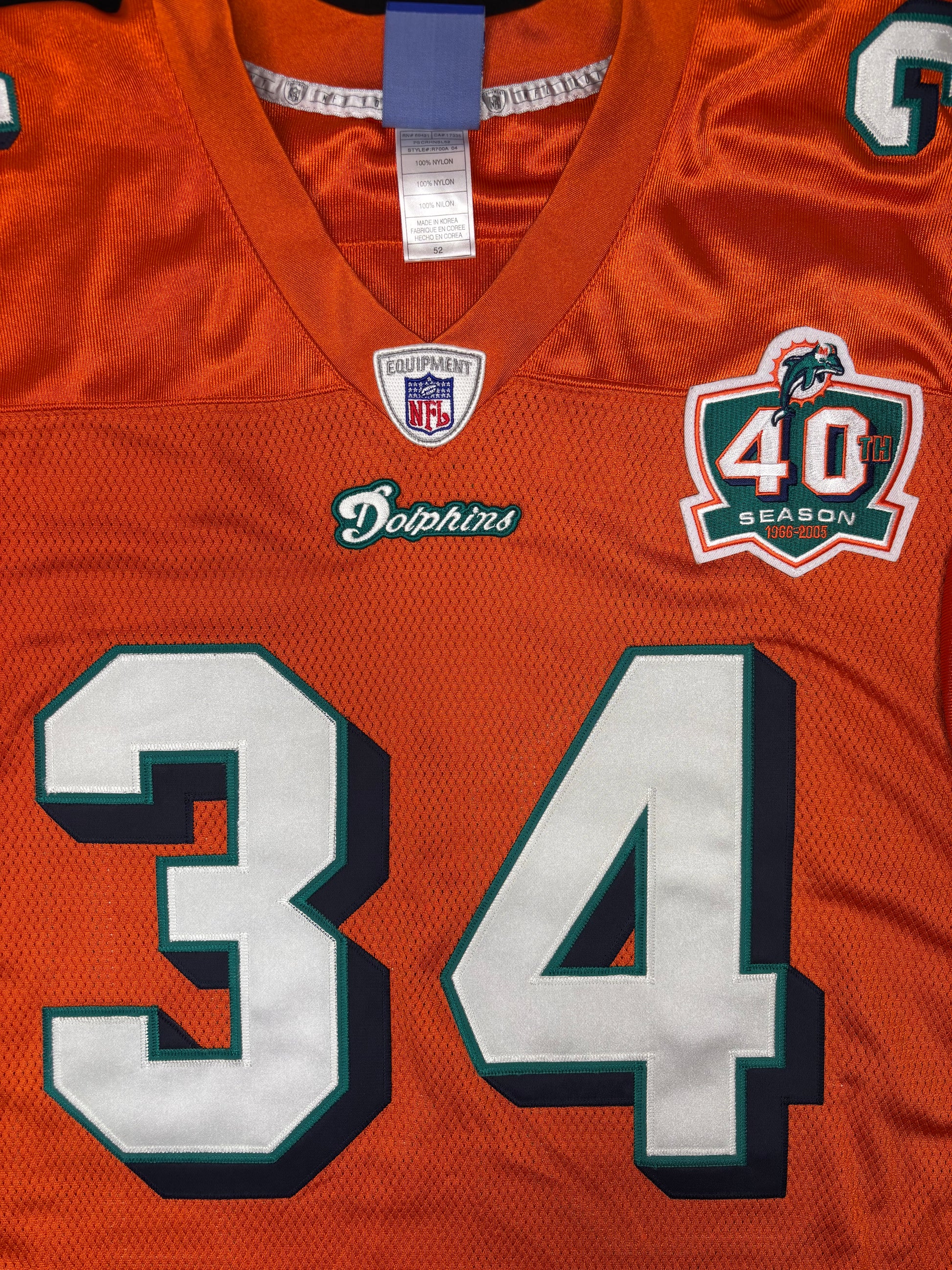 Miami Dolphins Ricky Williams Alt Orange 40th Anniversary Reebok Football Jersey Size: 52